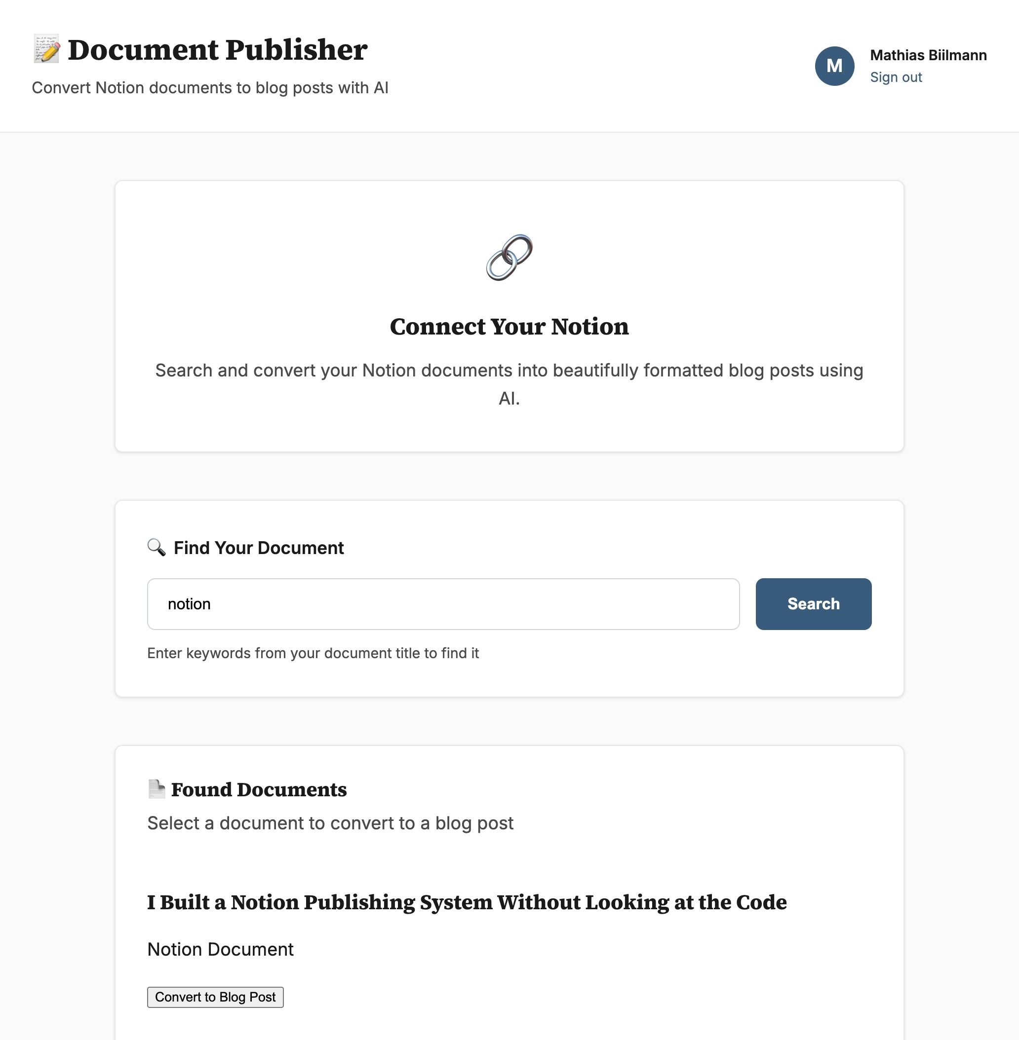 screenshot of my publishing system