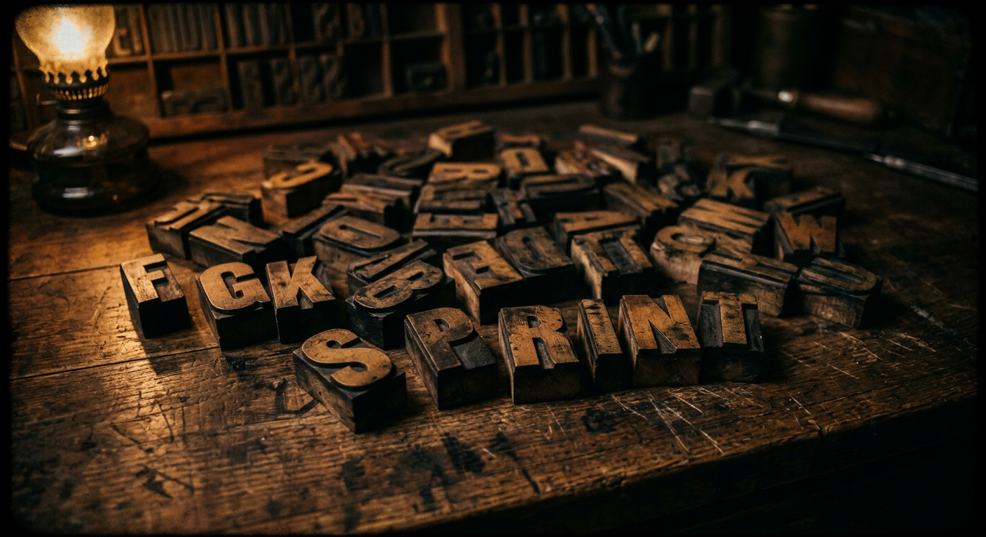 Atmospheric close-up of antique wooden letterpress type blocks on a worn composing table, dramatically side-lit