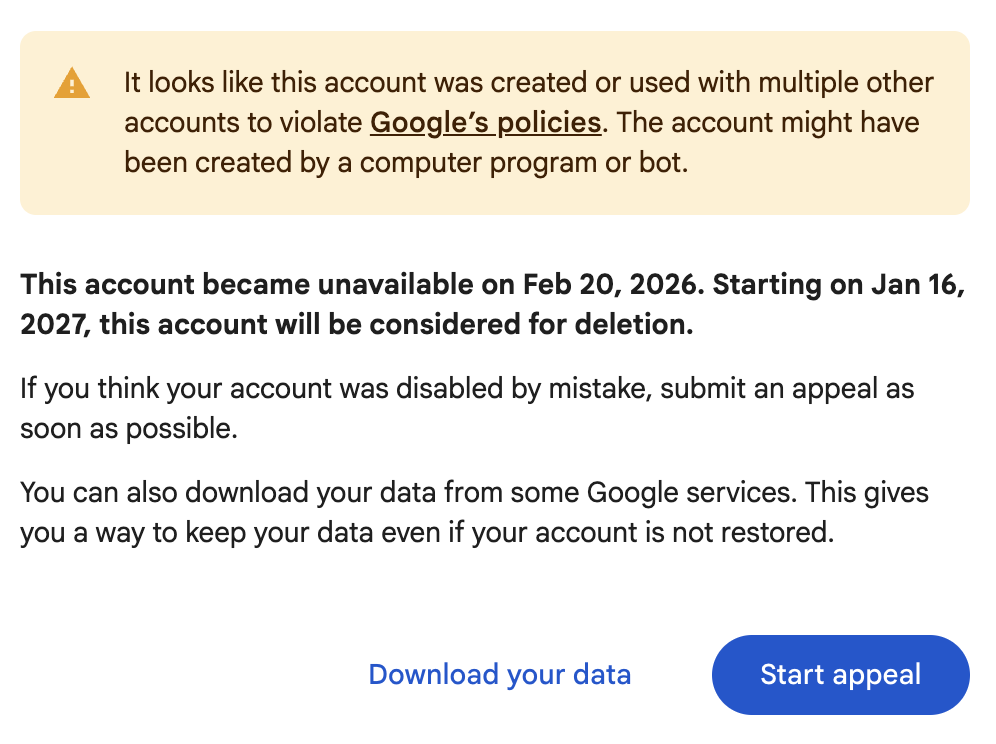 Google account disabled notice