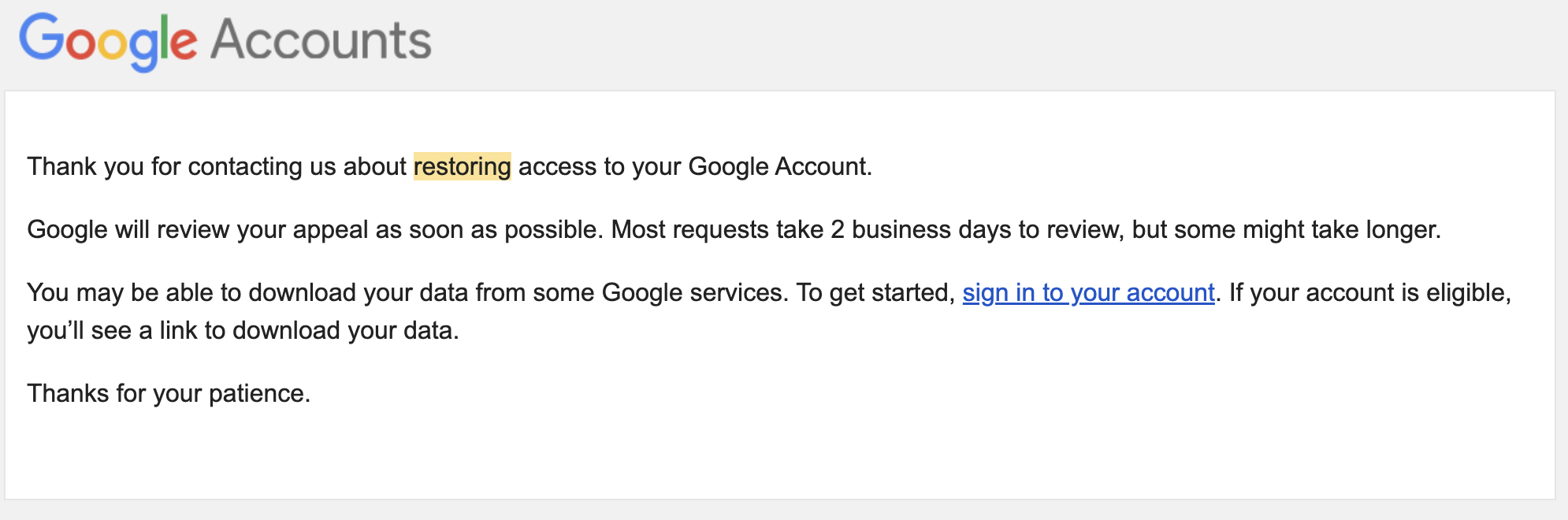 Google account appeal response